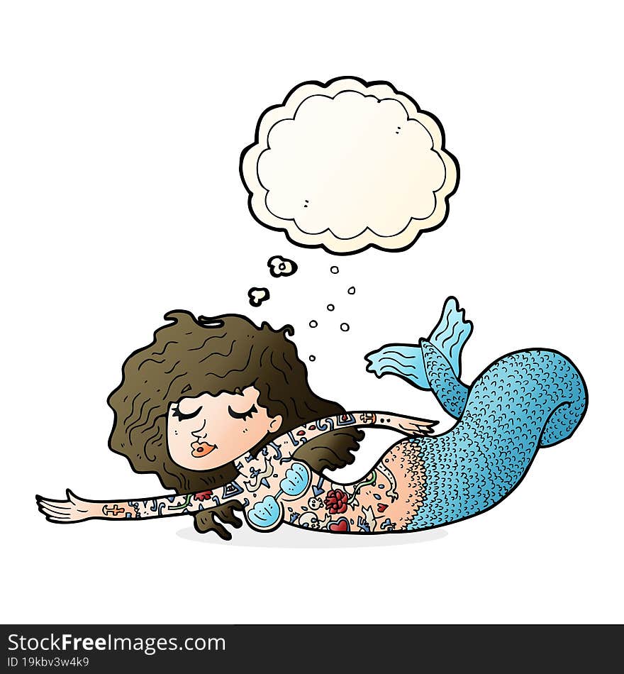 cartoon mermaid covered in tattoos with thought bubble