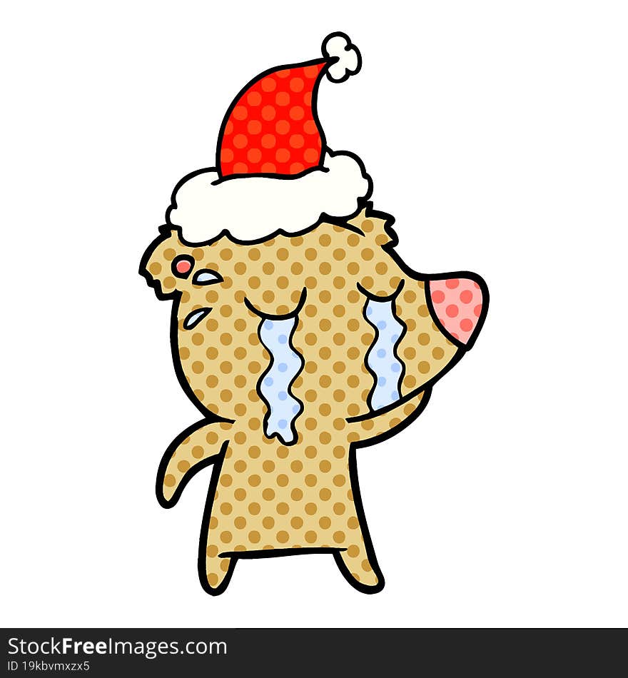 comic book style illustration of a crying bear wearing santa hat