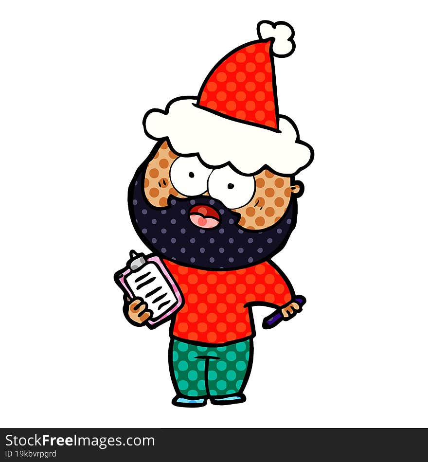 comic book style illustration of a bearded man with clipboard and pen wearing santa hat