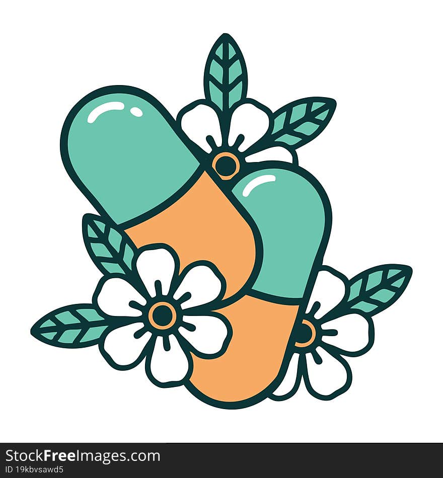 tattoo style icon of pills and flowers