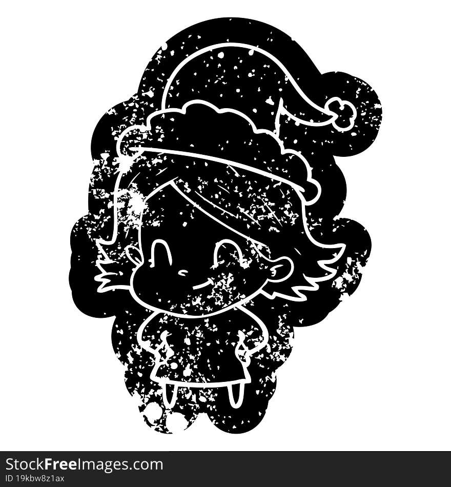 quirky cartoon distressed icon of a friendly girl wearing santa hat