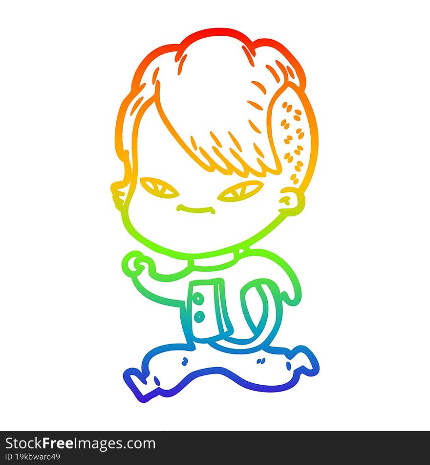 Rainbow Gradient Line Drawing Cute Cartoon Girl With Hipster Haircut