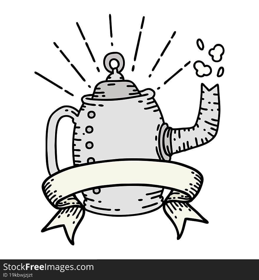 Banner With Tattoo Style Old Coffee Pot Steaming