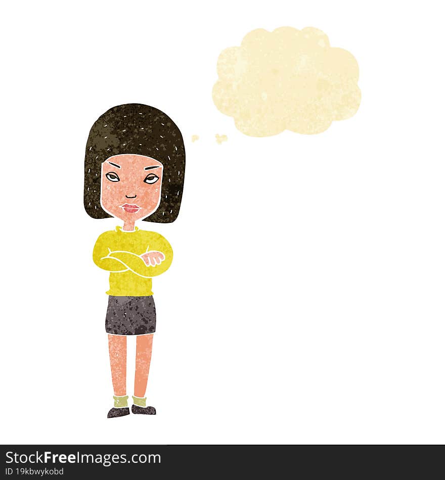 cartoon woman with crossed arms with thought bubble