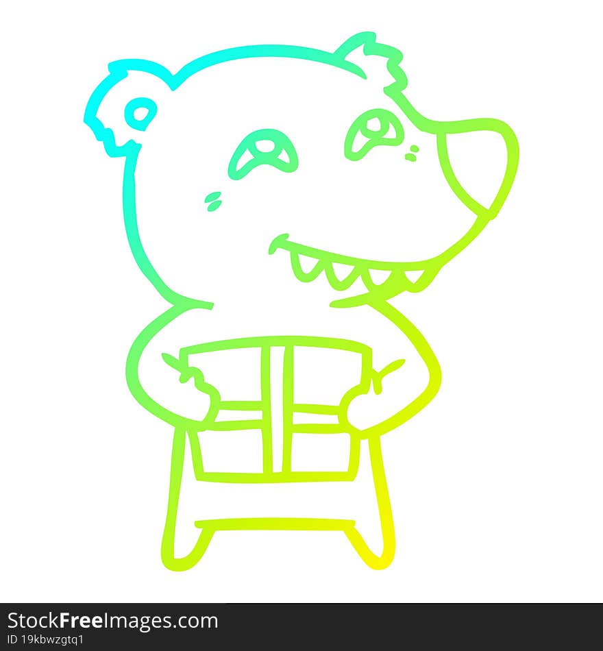 Cold Gradient Line Drawing Cartoon Bear With Present