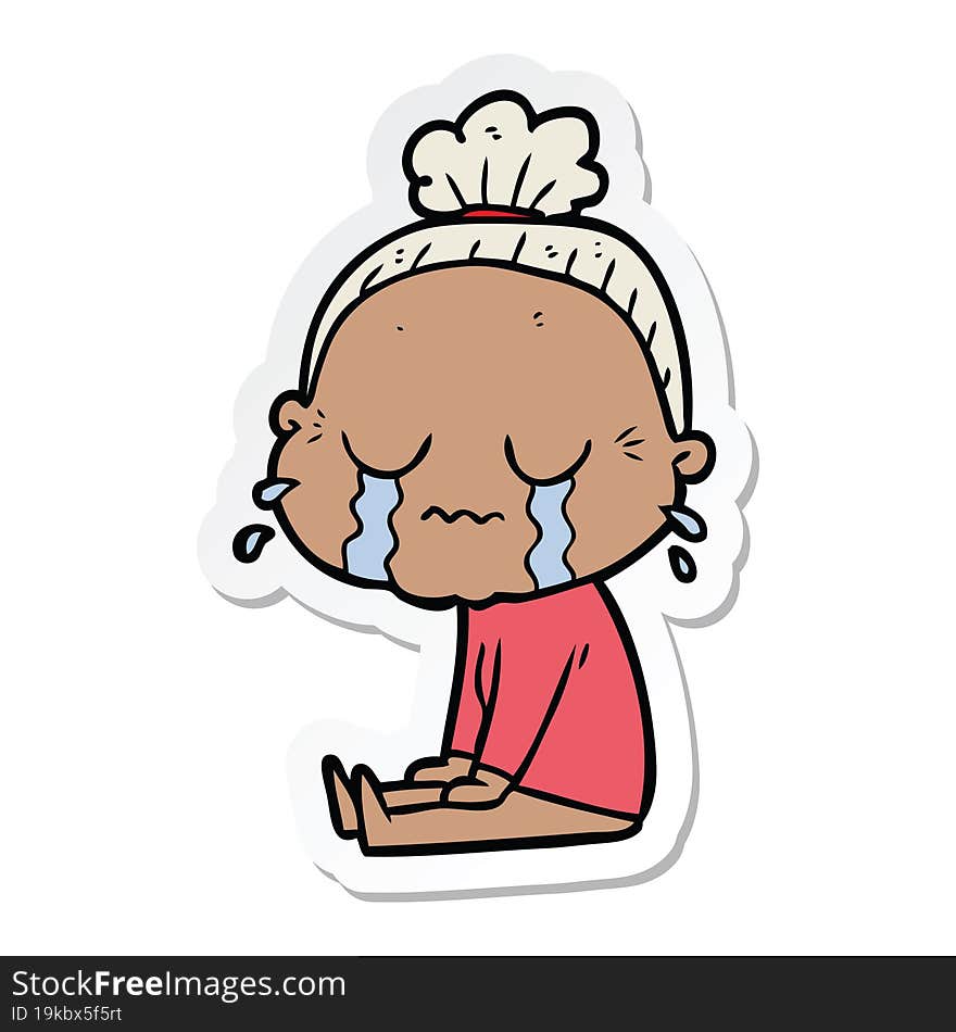 Sticker Of A Cartoon Crying Old Lady