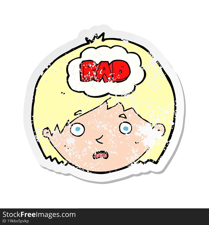 retro distressed sticker of a cartoon boy having bad thoughts