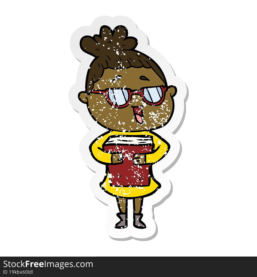 distressed sticker of a cartoon happy woman wearing spectacles