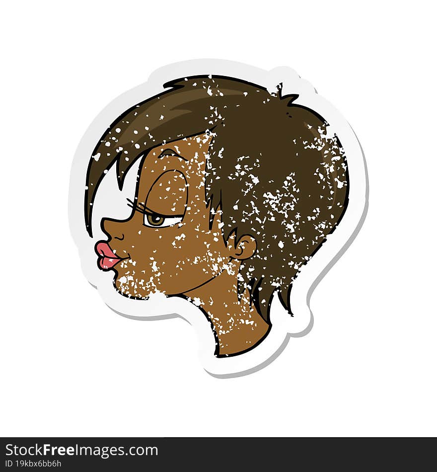 retro distressed sticker of a cartoon pretty woman