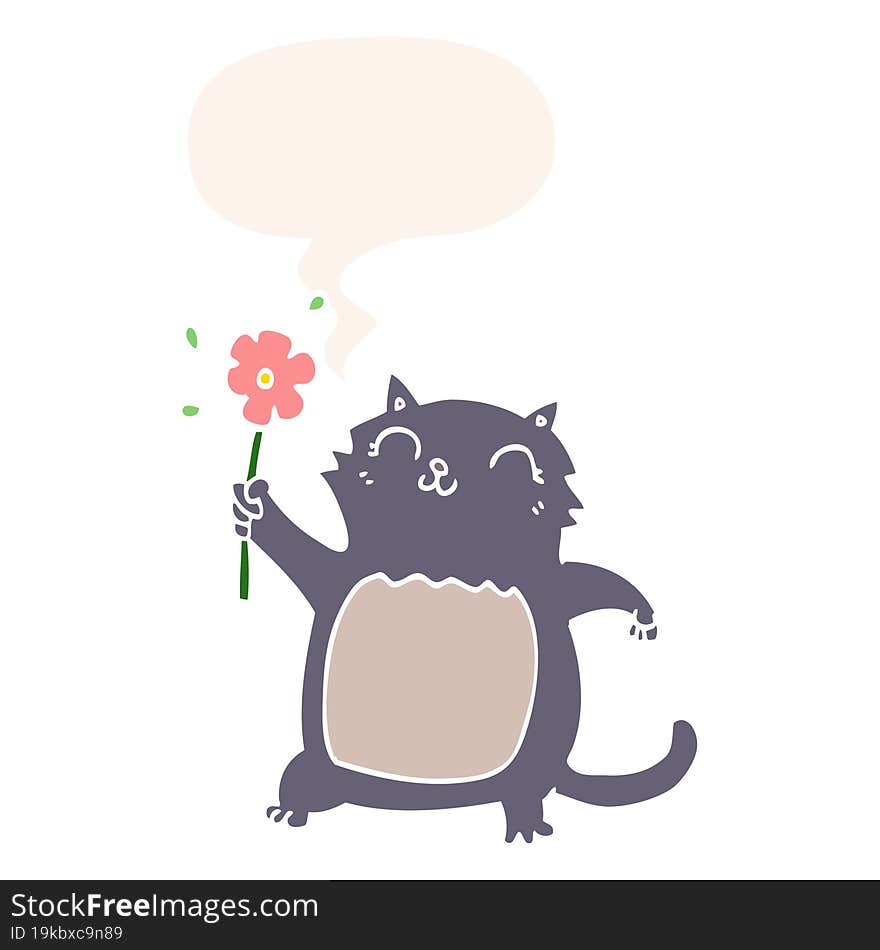 cartoon cat and flower and speech bubble in retro style