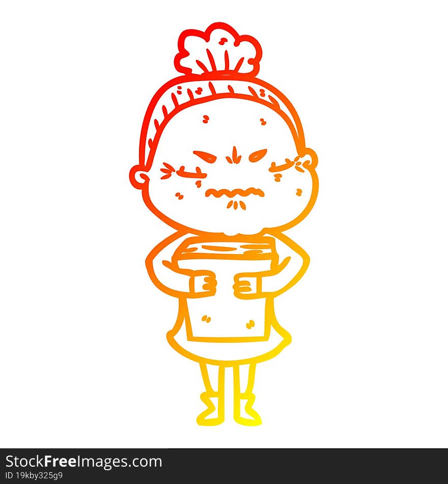 warm gradient line drawing of a cartoon annoyed old lady