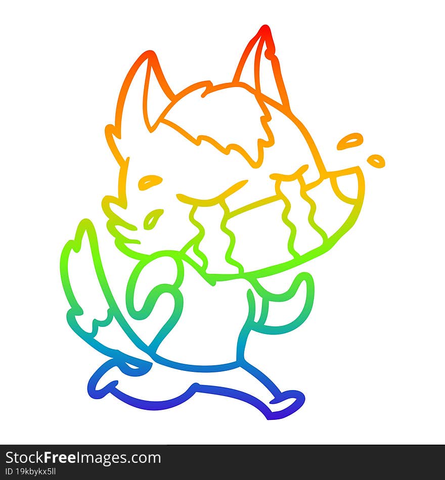 rainbow gradient line drawing cartoon crying wolf running away