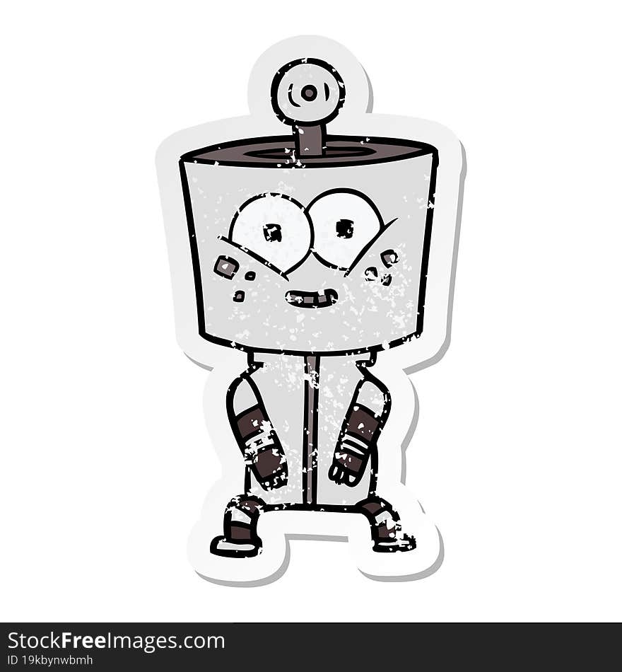 distressed sticker of a happy cartoon robot