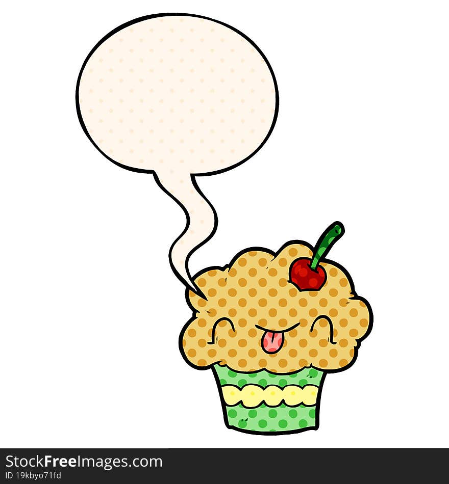 Funny Cartoon Cupcake And Speech Bubble In Comic Book Style