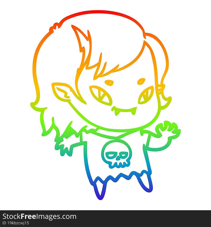 Rainbow Gradient Line Drawing Cartoon Friendly Vampire Girl Waving