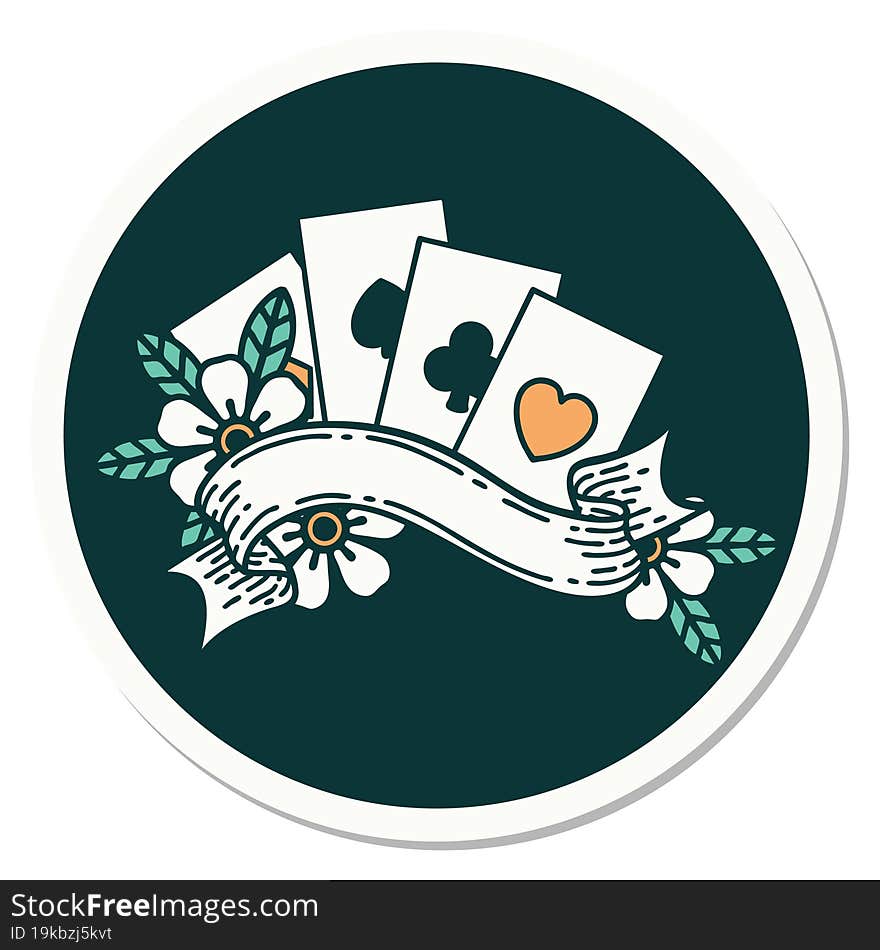 Tattoo Style Sticker Of Cards And Banner