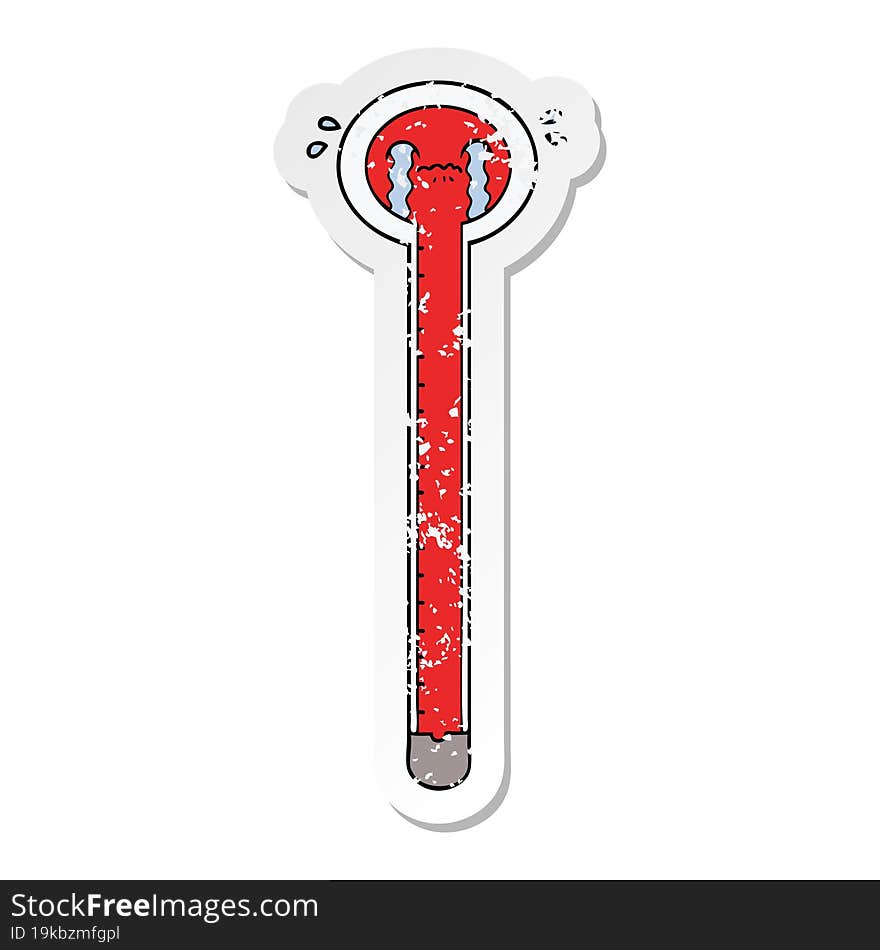 distressed sticker of a cartoon thermometer crying