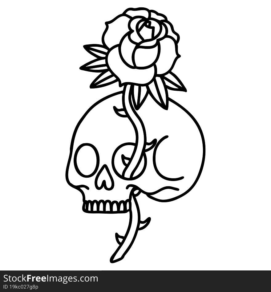 black line tattoo of a skull and rose