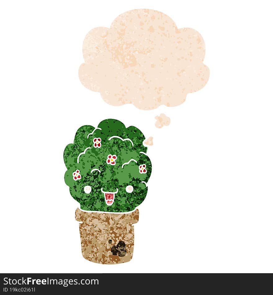 cartoon shrub in pot and thought bubble in retro textured style