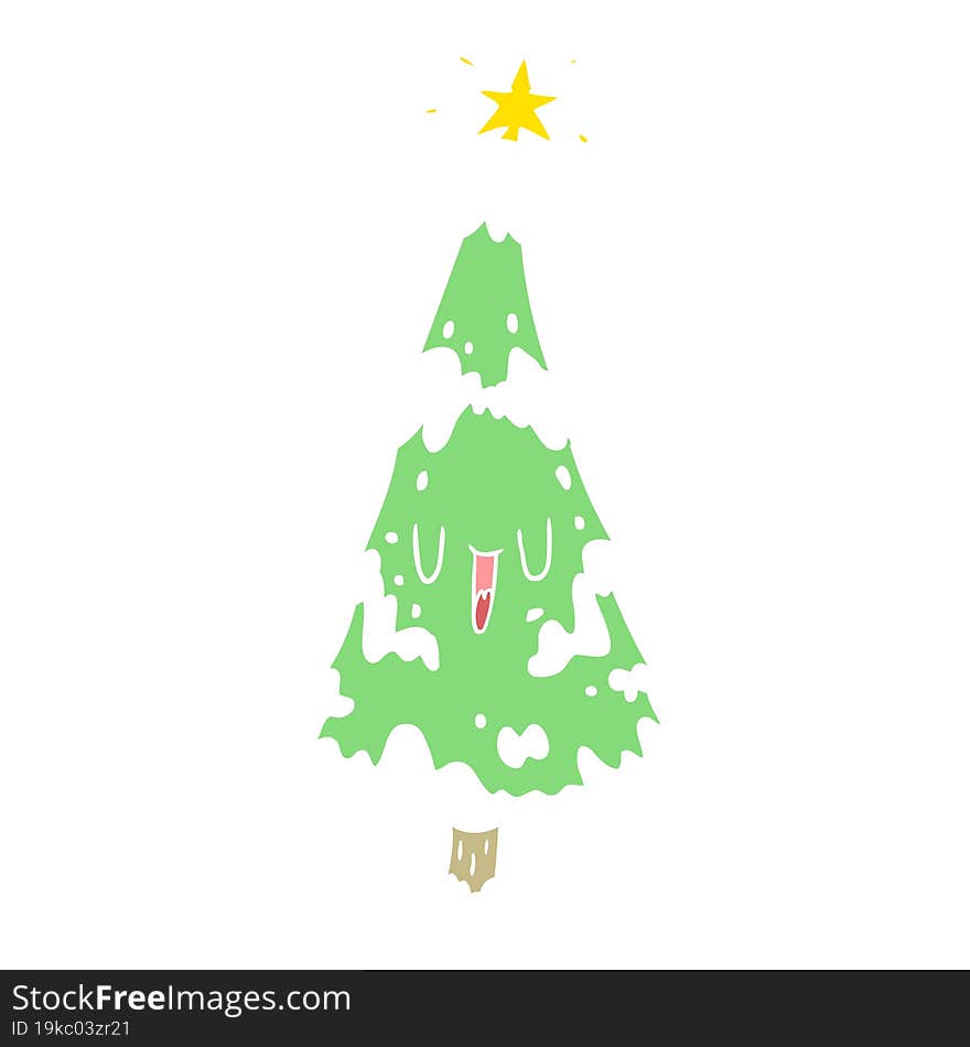 flat color style cartoon snowy christmas tree with happy face