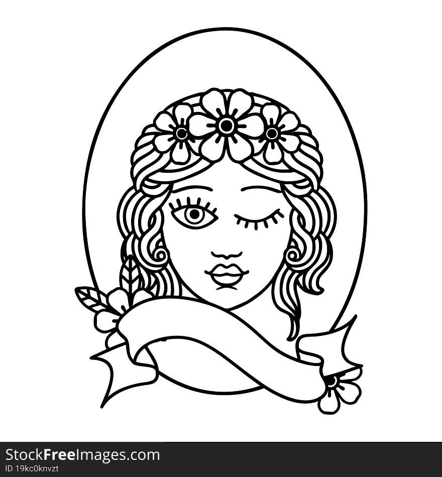 black linework tattoo with banner of a maiden with crown of flowers winking