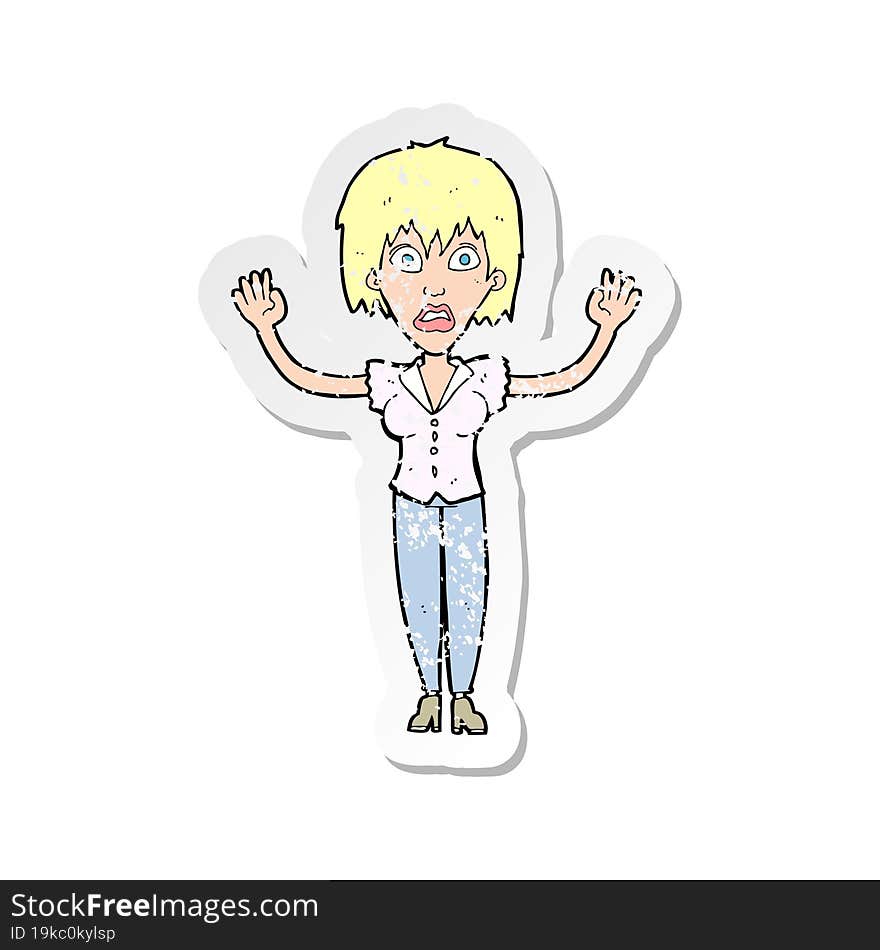 retro distressed sticker of a cartoon woman stressing out