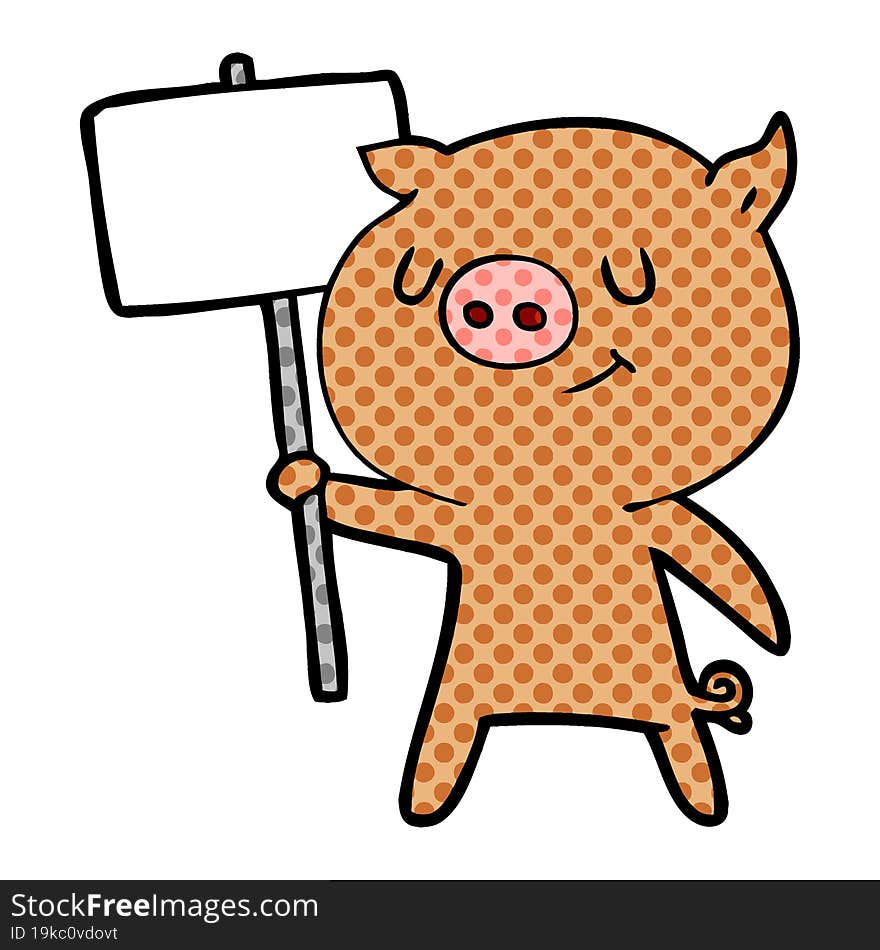 happy cartoon pig with placard. happy cartoon pig with placard