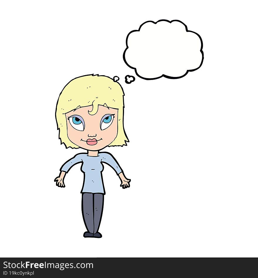 cartoon girl shrugging shoulders with thought bubble