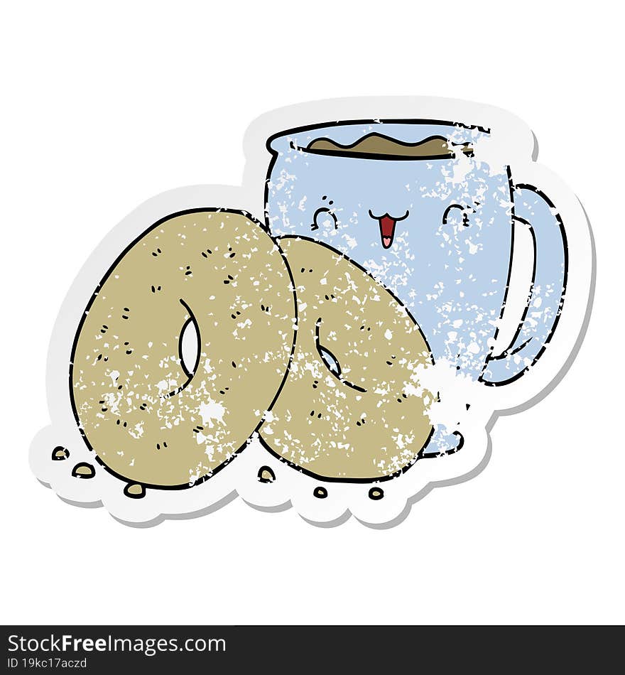 distressed sticker of a cartoon coffee and donuts