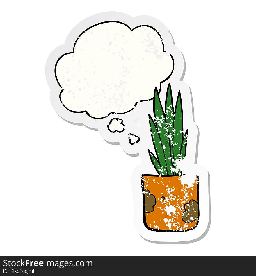 cartoon house plant and thought bubble as a distressed worn sticker