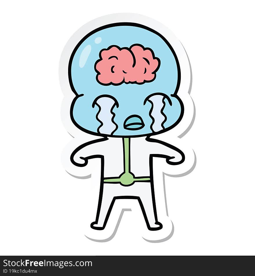 sticker of a cartoon big brain alien crying