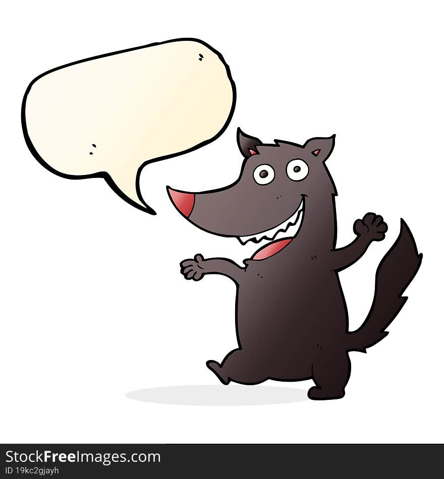 cartoon happy wolf with speech bubble