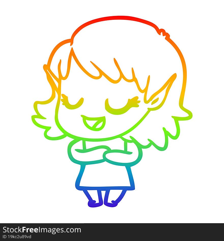 rainbow gradient line drawing of a happy cartoon elf girl