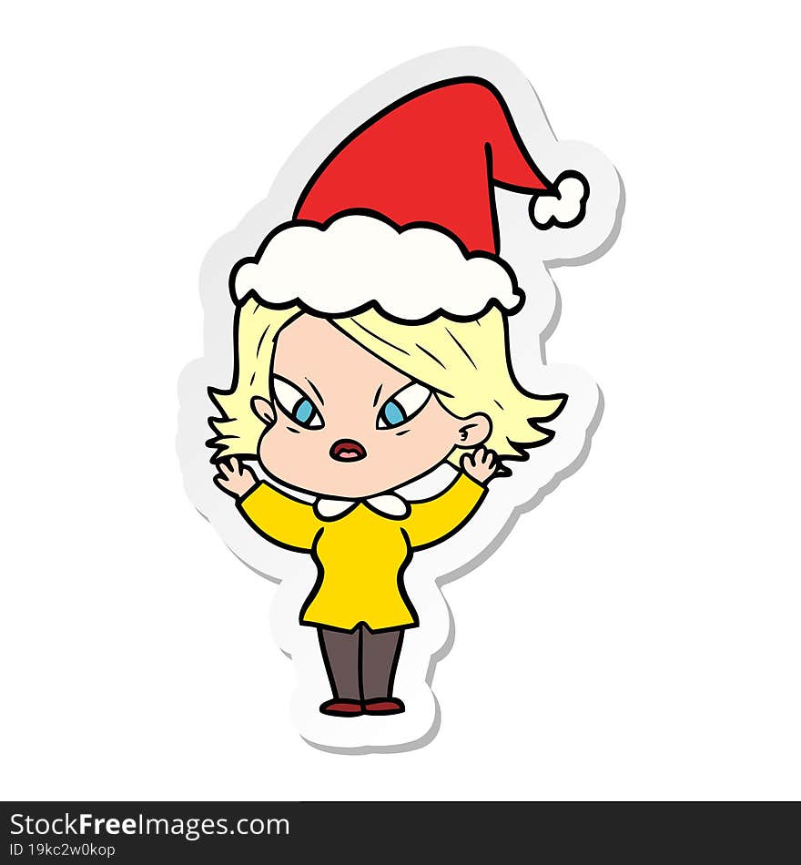 sticker cartoon of a stressed woman wearing santa hat