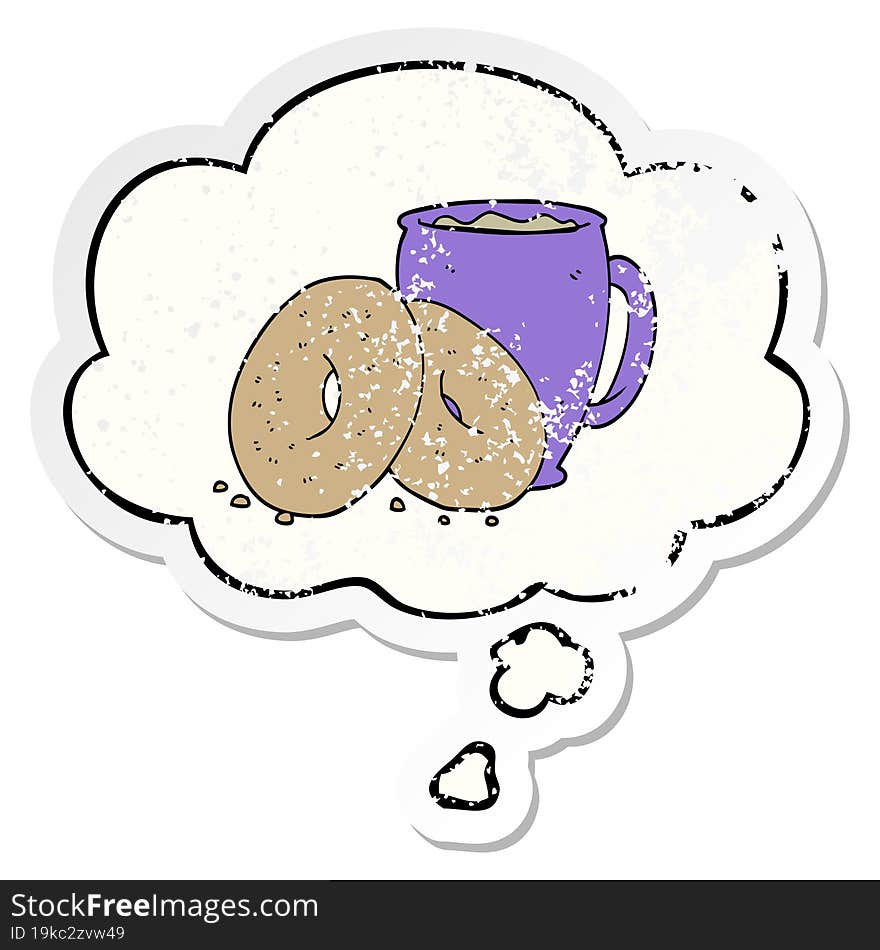 Cartoon Coffee And Donuts And Thought Bubble As A Distressed Worn Sticker