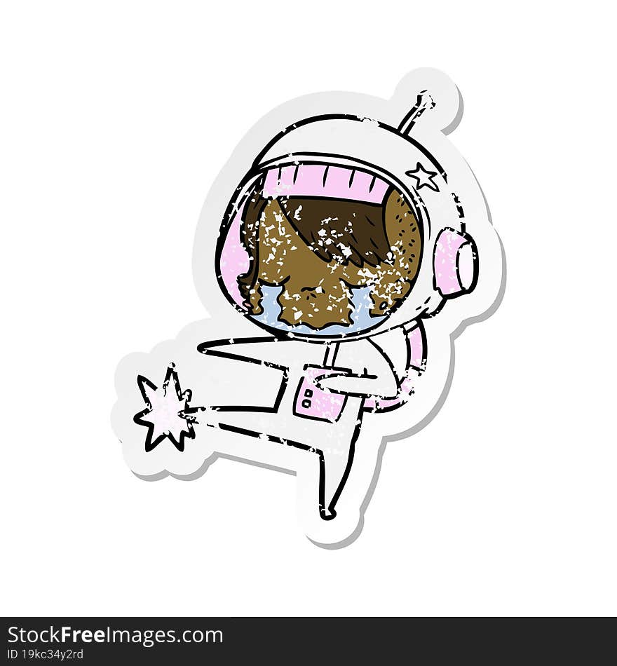 distressed sticker of a cartoon crying astronaut girl kicking