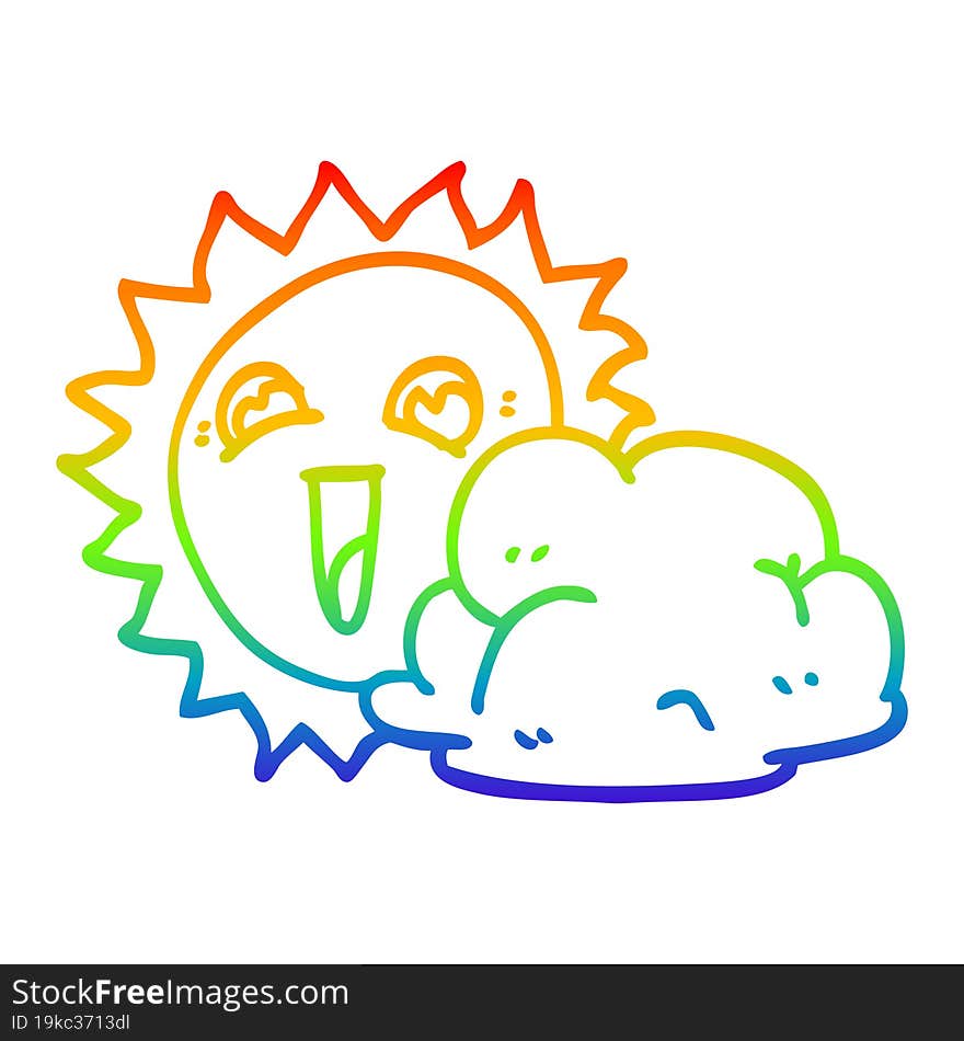 rainbow gradient line drawing of a cartoon sun and cloud