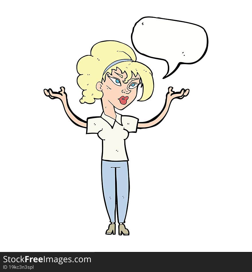 Cartoon Woman Raising Hands In Air With Speech Bubble