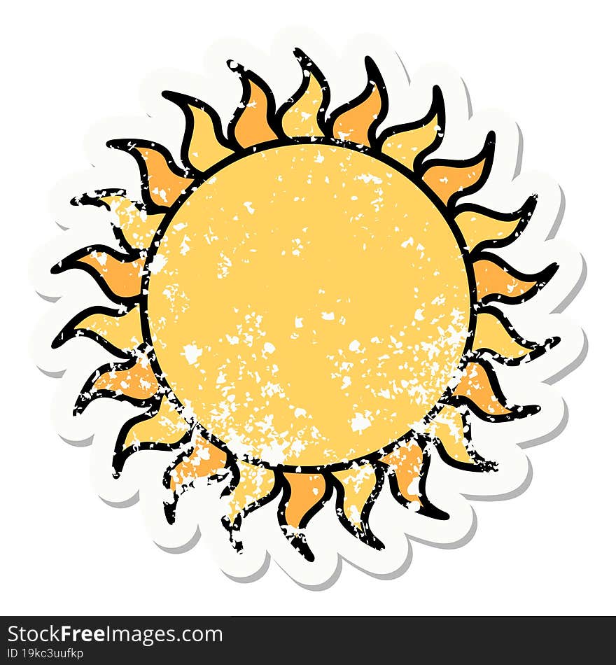 traditional distressed sticker tattoo of a sun