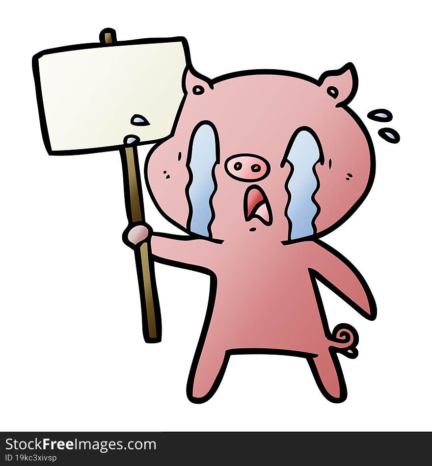 crying pig cartoon with protest sign. crying pig cartoon with protest sign