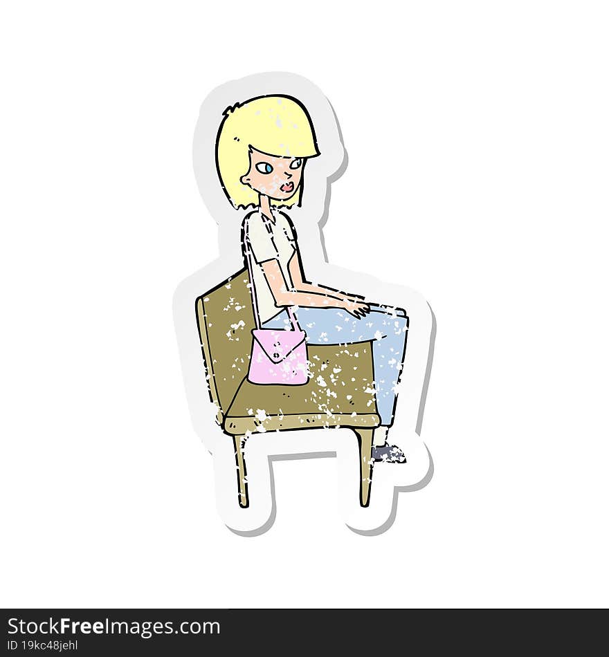 retro distressed sticker of a cartoon woman sitting on bench