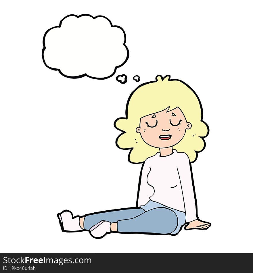 cartoon happy woman sitting on floor with thought bubble