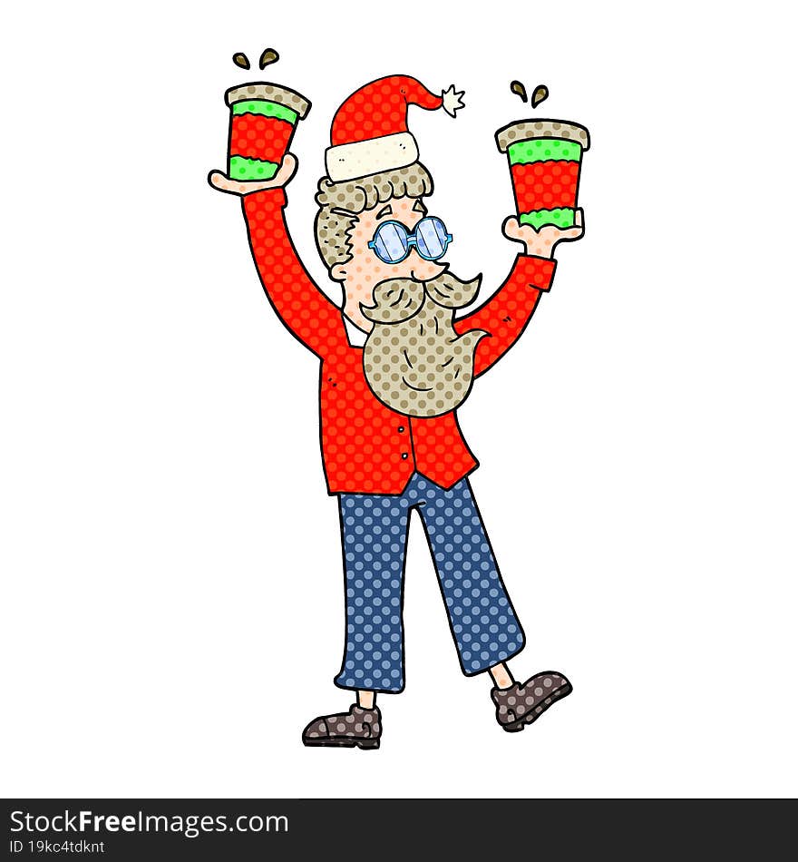 cartoon man with coffee cups at christmas