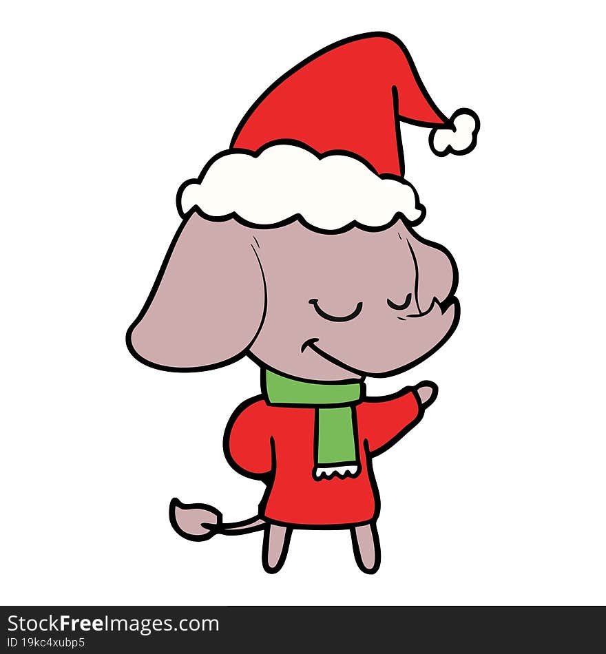 Line Drawing Of A Smiling Elephant Wearing Scarf Wearing Santa Hat