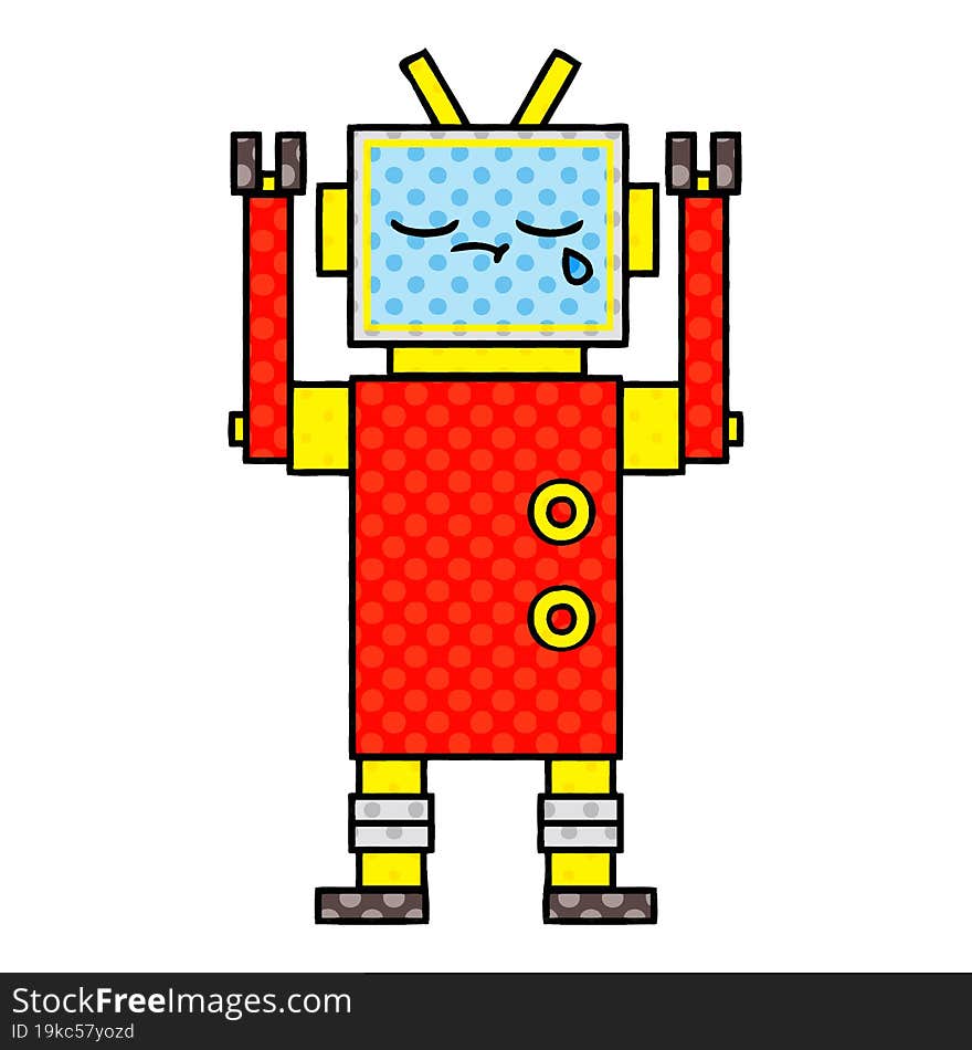 comic book style cartoon of a crying robot