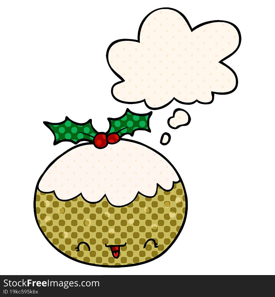 cute cartoon christmas pudding and thought bubble in comic book style