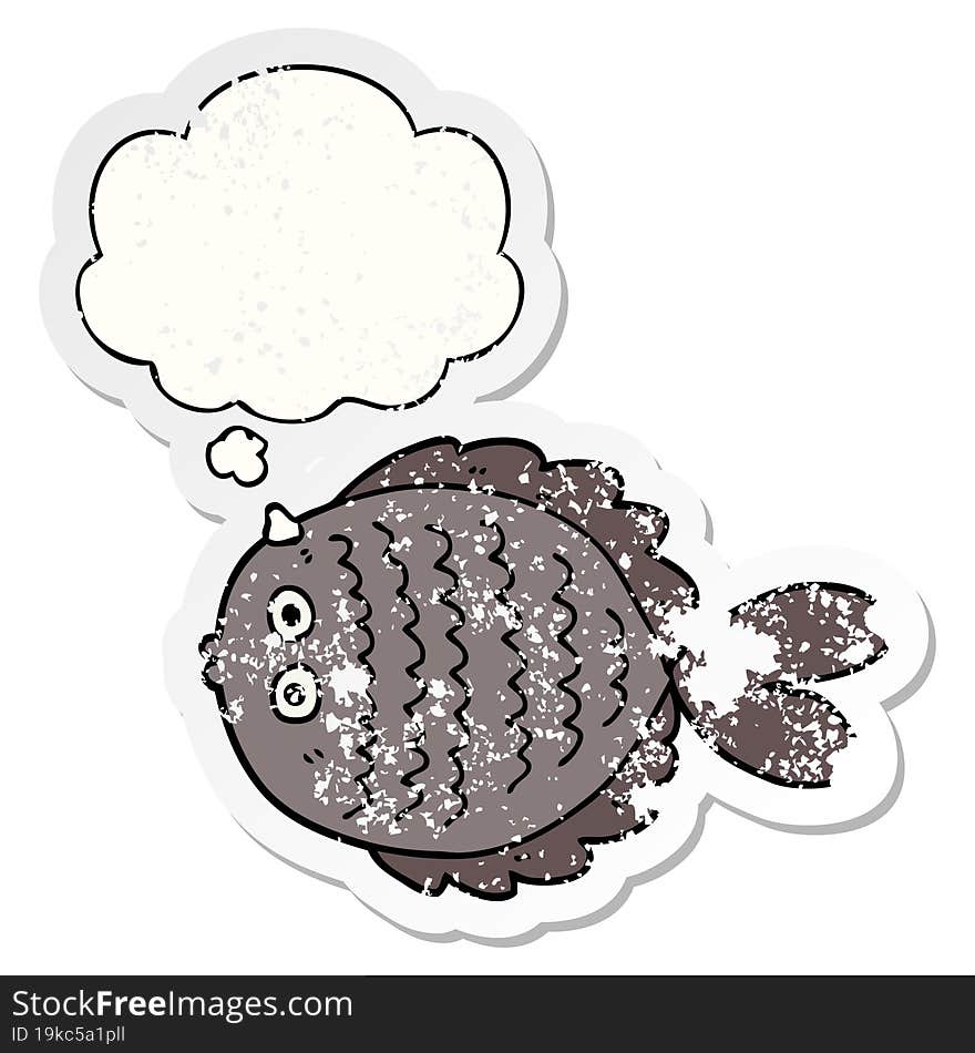 cartoon flat fish and thought bubble as a distressed worn sticker