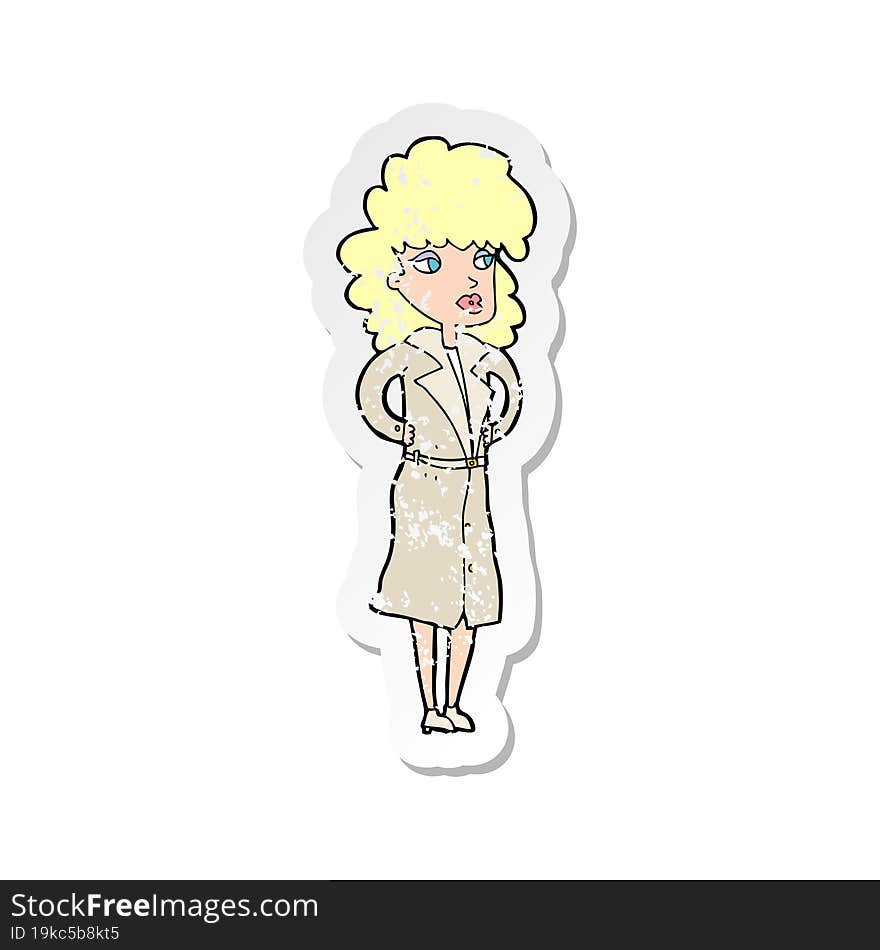 retro distressed sticker of a cartoon woman in trench coat