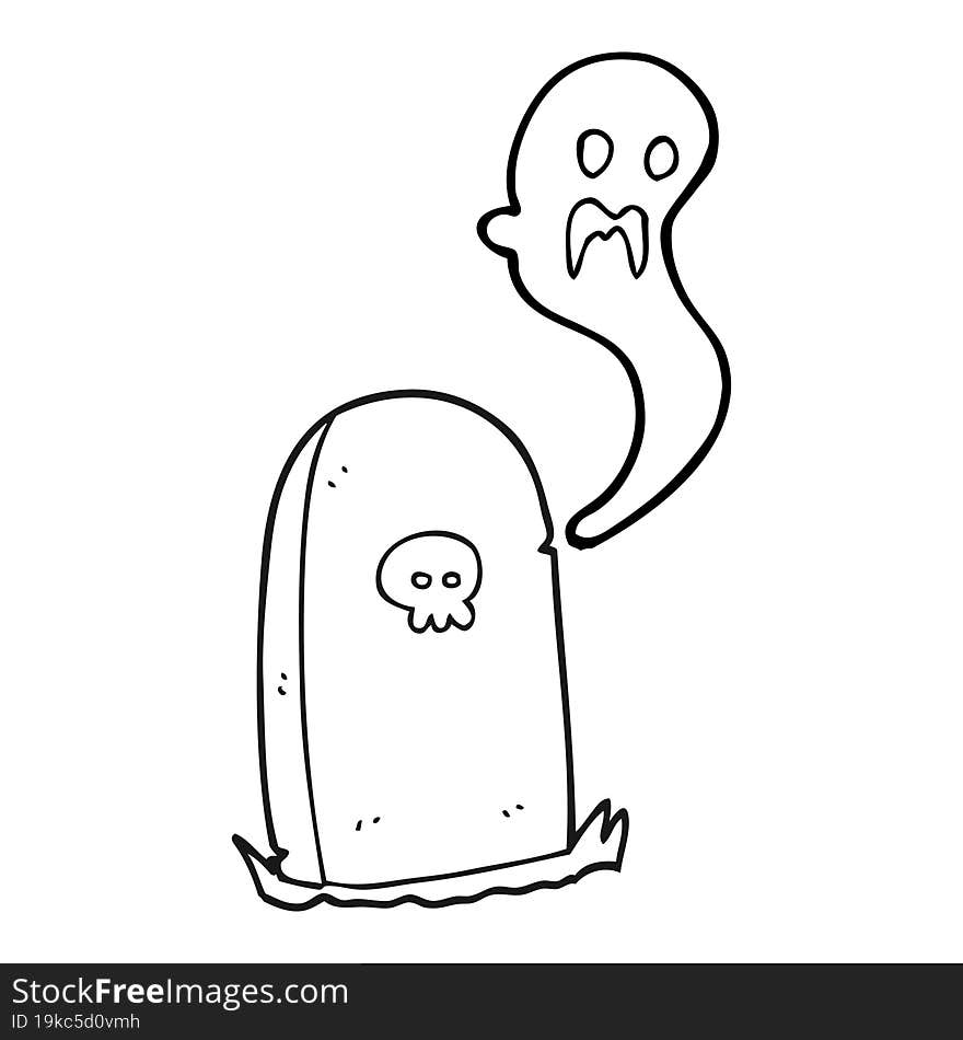 freehand drawn black and white cartoon ghost rising from grave