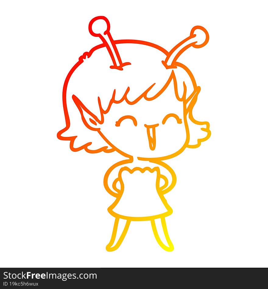 warm gradient line drawing of a cartoon alien girl laughing